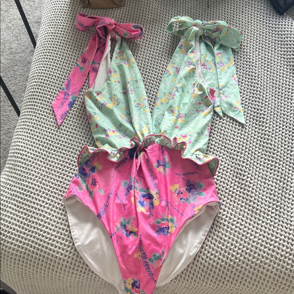LoveShackFancy Pink and Mint Floral One Piece